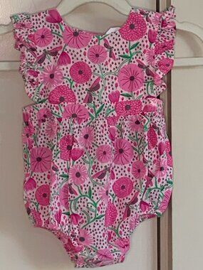 Egg Baby Floral Bubble Romper 6M Pink Ruffle Sleeve Boutique One Piece